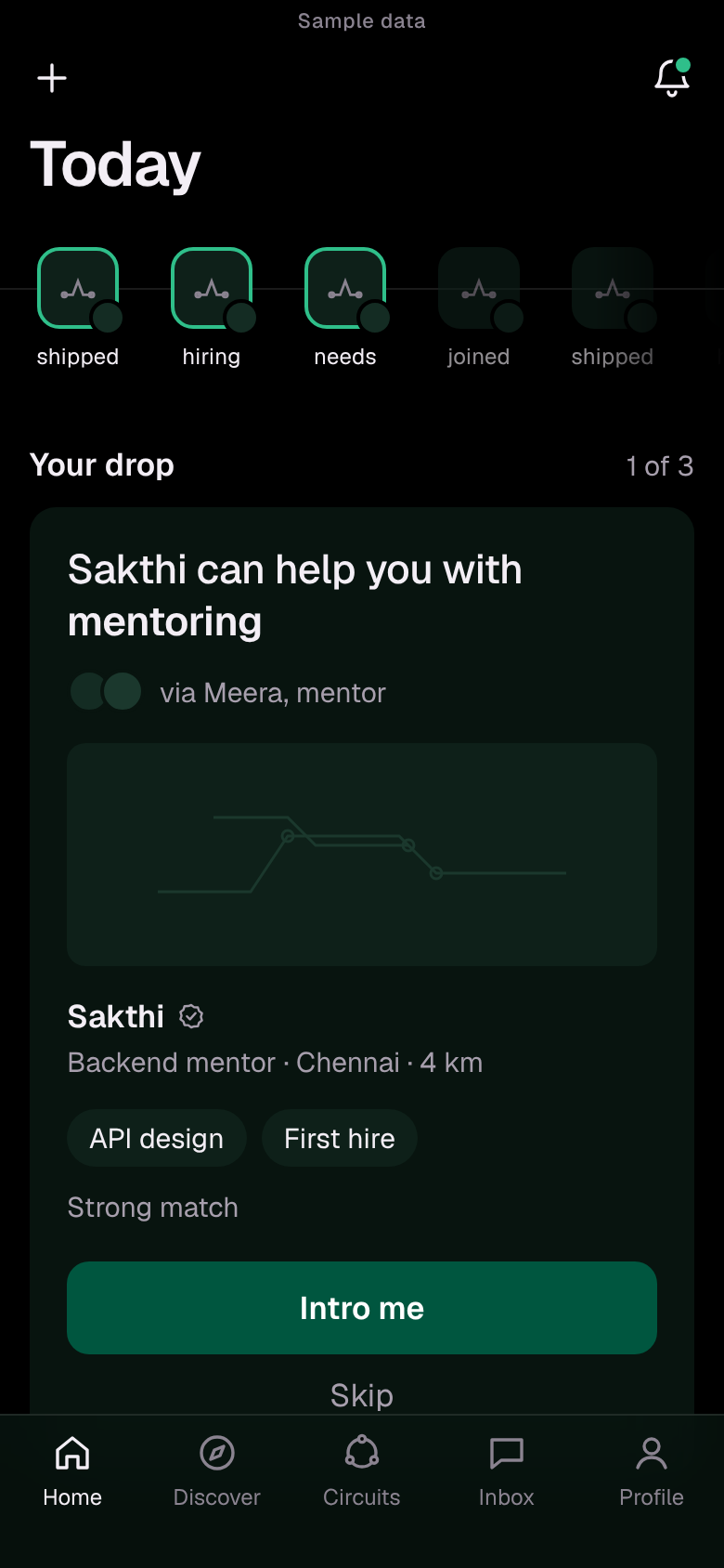 Home in the Circuit app: a row of recent updates from people nearby, and today's first match with the reason, a mutual connection and an Intro me button.