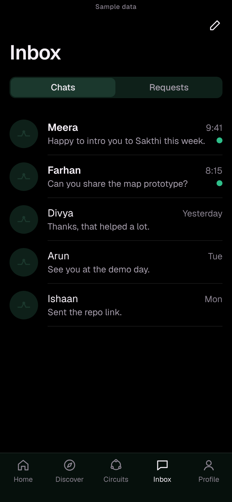The Inbox in the Circuit app: a list of conversations with the latest message, the time and unread dots, and a Requests tab.