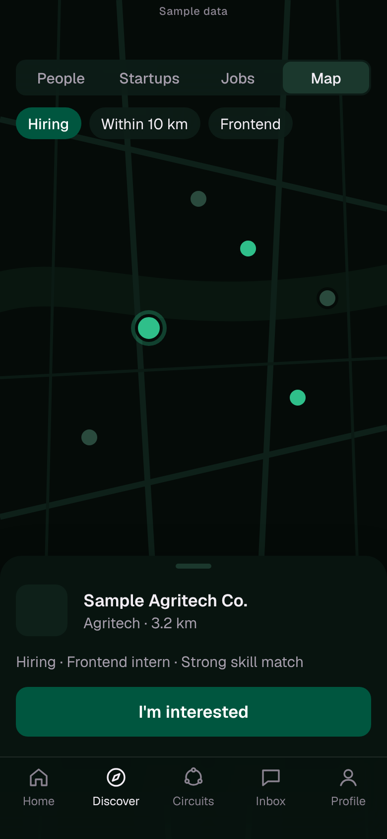The startup map in the Circuit app: pins for startups nearby, hiring ones in green, and a card for the selected startup with its open role and an I'm interested button.