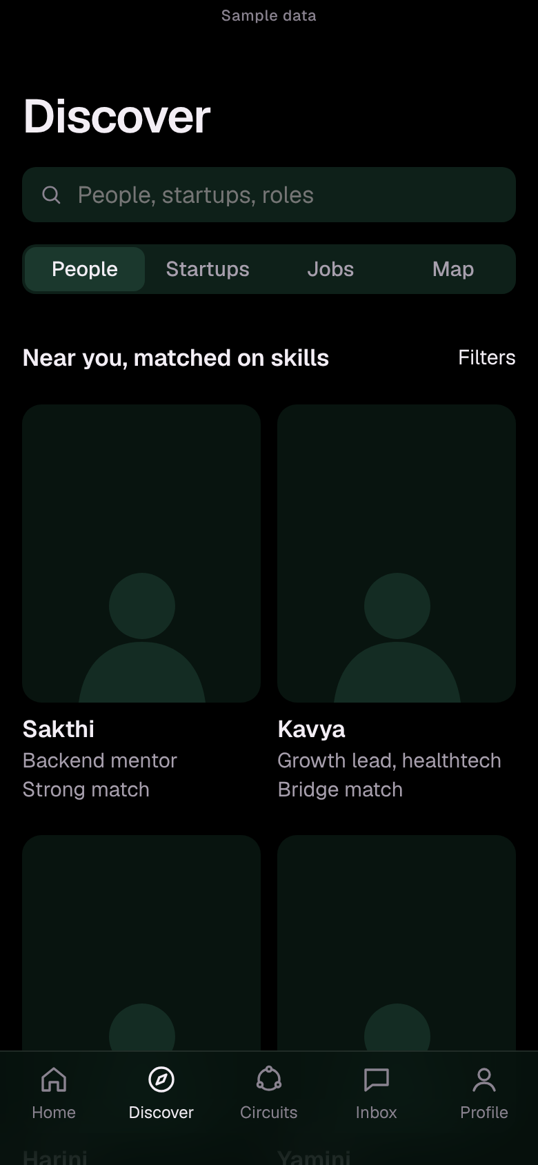 The People tab in the Circuit app: people near you matched on skills, each with their role and how well they match, including a Bridge match.