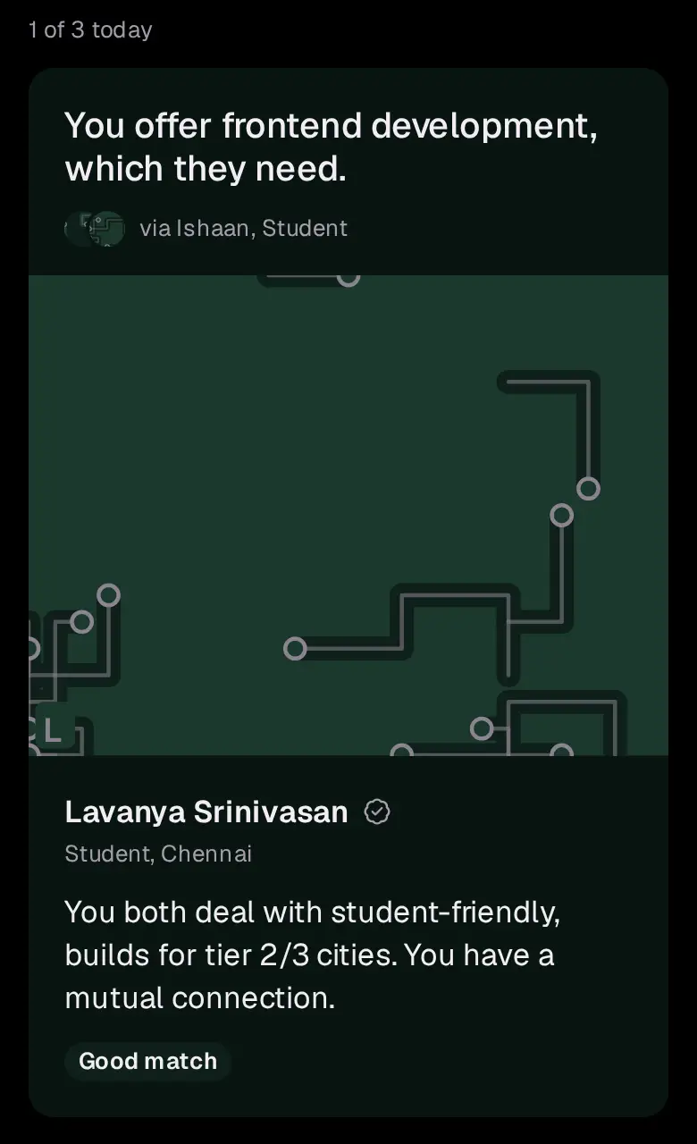 The Daily Drop in the Circuit app: a person to meet, with the reason they match you and an Intro me button.
